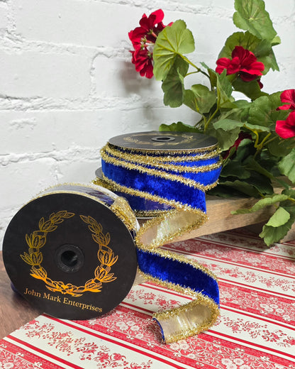 Ribbon - John Mark Enterprises - 1" Americana Royal Blue Velvet Tinsel Edge