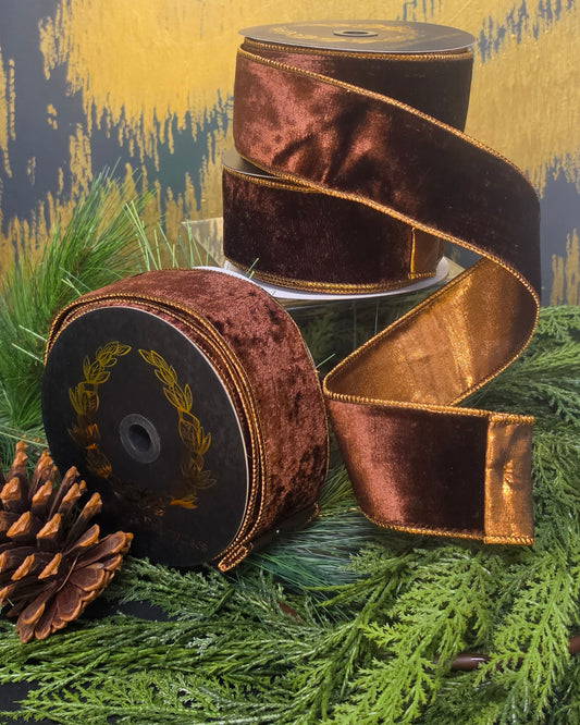 Ribbon - John Mark Enterprises - 2.5" Brown Velvet with Bronze Backing