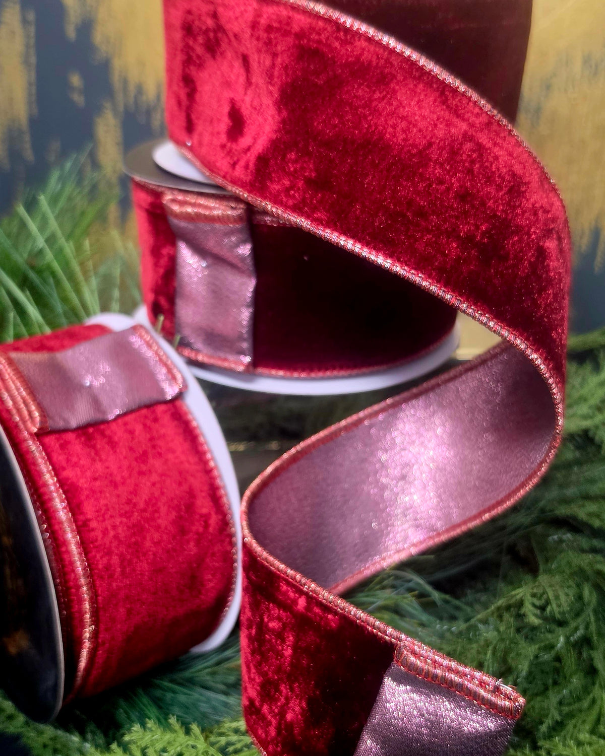 Ribbon - John Mark Enterprises - 2.5" Burgundy Velvet with Mauve Backing