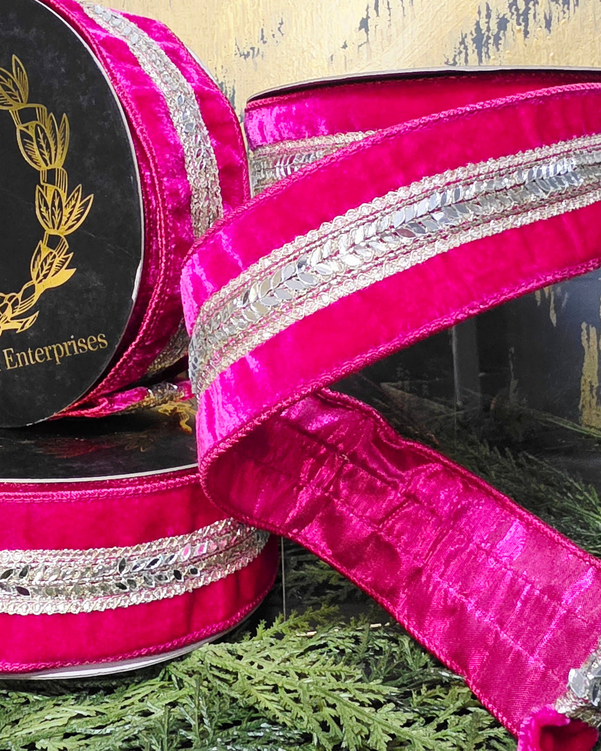 Ribbon - John Mark Enterprises - 2.5" Fushia Velvet with Mirror Jeweled Center