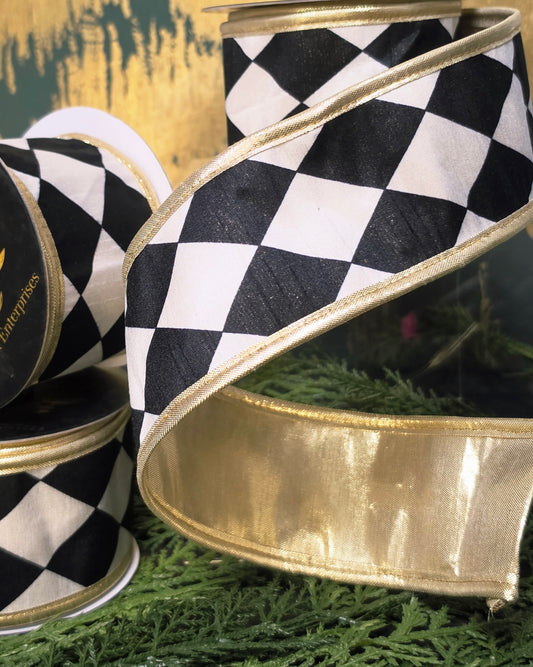 Ribbon - John Mark Enterprises - 2.5" Black & White Harlequin with Champagne