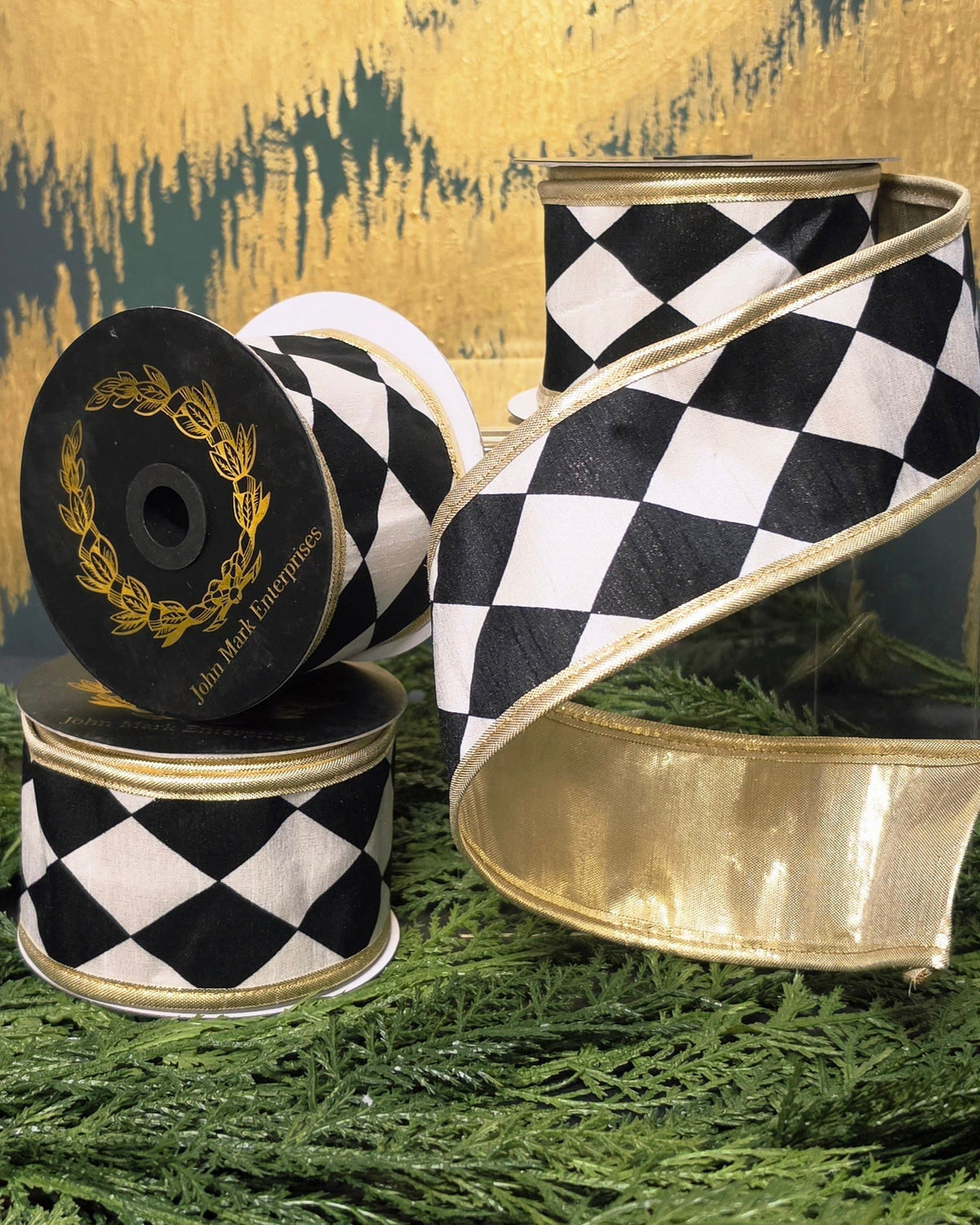Ribbon - John Mark Enterprises - 2.5" Black & White Harlequin with Champagne