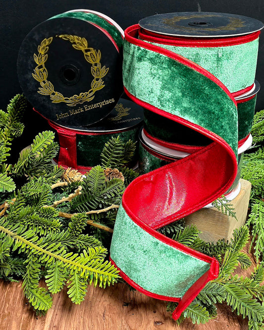Ribbon - John Mark Enterprises - 2.5" Emerald Velvet with Metallic Red
