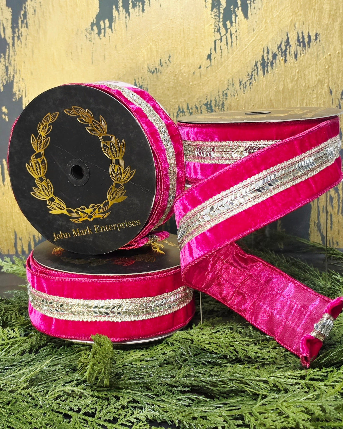 Ribbon - John Mark Enterprises - 2.5" Fushia Velvet with Mirror Jeweled Center