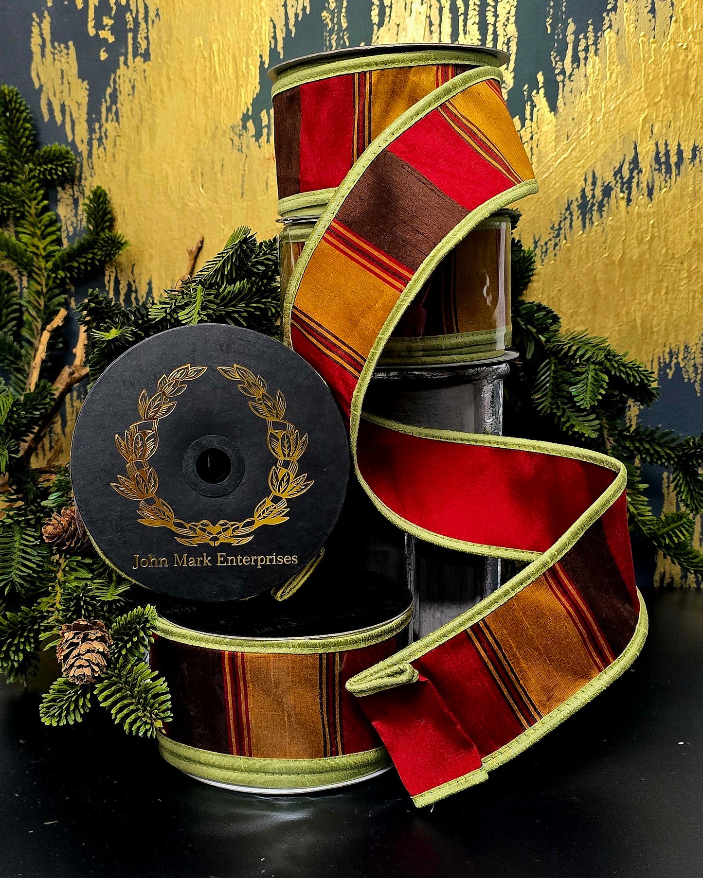 Ribbon - John Mark Enterprises - 2.5" Dark Red, Brown, Rust Block Stripe