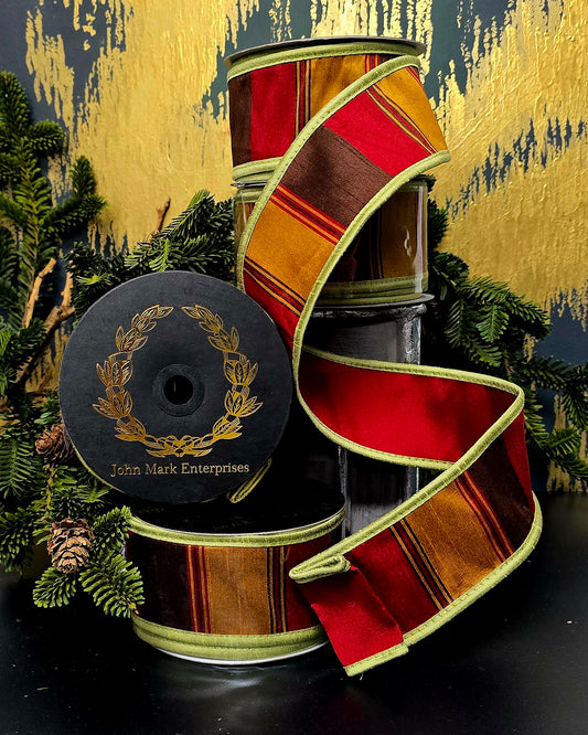 Ribbon - John Mark Enterprises - 2.5" Dark Red, Brown, Rust Block Stripe