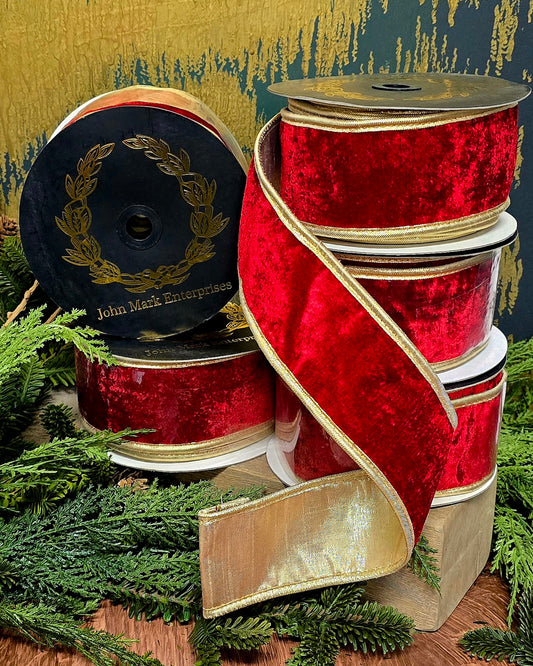 Ribbon - John Mark Enterprises - 2.5" Red Velvet with Gold Piping Wired Edge