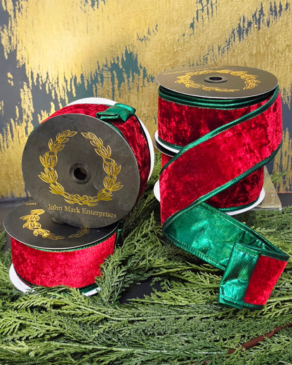 Ribbon - John Mark Enterprises - 2.5" Red Velvet with Metallic Green