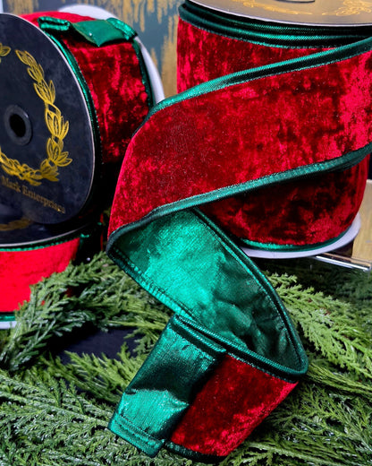 Ribbon - John Mark Enterprises - 2.5" Red Velvet with Metallic Green