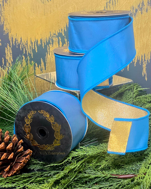 Ribbon - John Mark Enterprises - 2.5" Wedgewood Blue Taffeta with Champagne