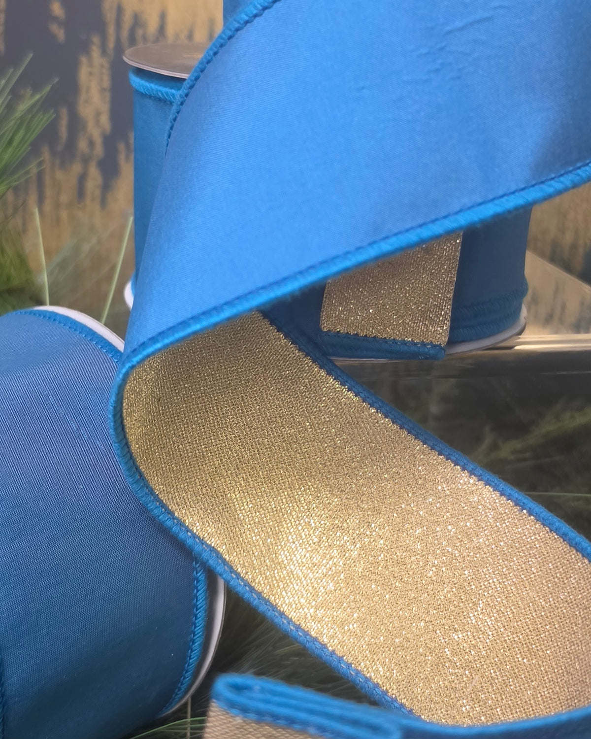 Ribbon - John Mark Enterprises - 2.5" Wedgewood Blue Taffeta with Champagne