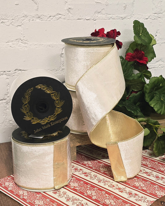 Ribbon - John Mark Enterprises - 4" Ivory Velvet with Gold Dupioni Back