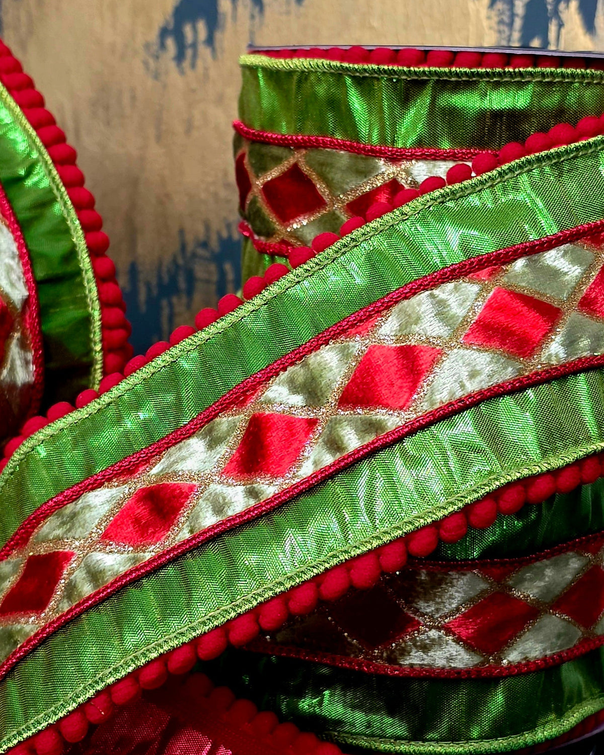 Ribbon - John Mark Enterprises - 4" Lime Metallic with Velvet Overlay & Pom Pom Fringe