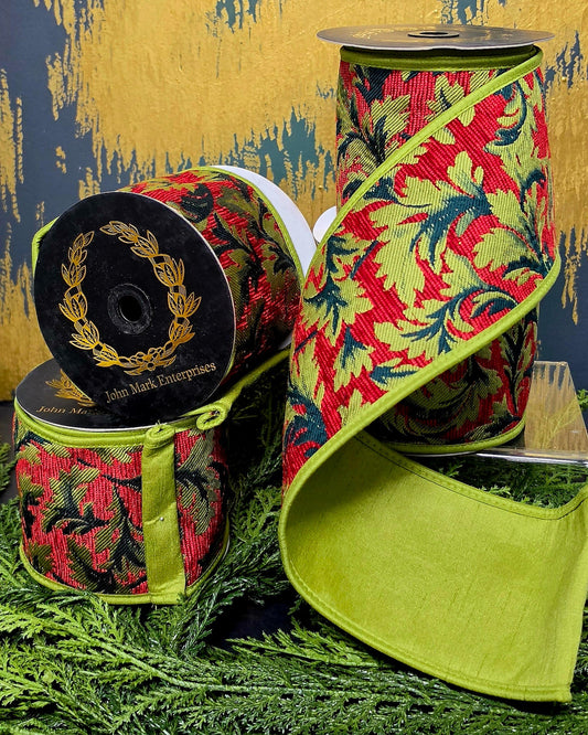 Ribbon - John Mark Enterprises - 4" Red & Apple Green Acanthus Jacqard