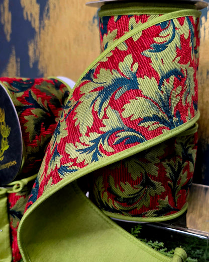Ribbon - John Mark Enterprises - 4" Red & Apple Green Acanthus Jacqard