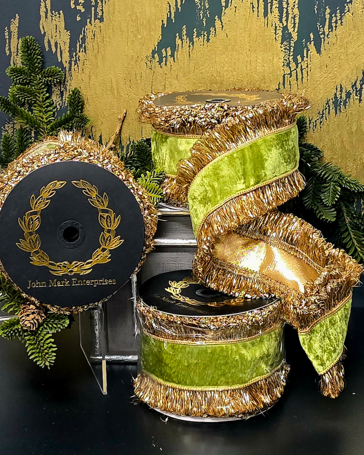 Ribbon - John Mark Enterprises - 4" Apple Green Velvet with Double Tinsel Edge