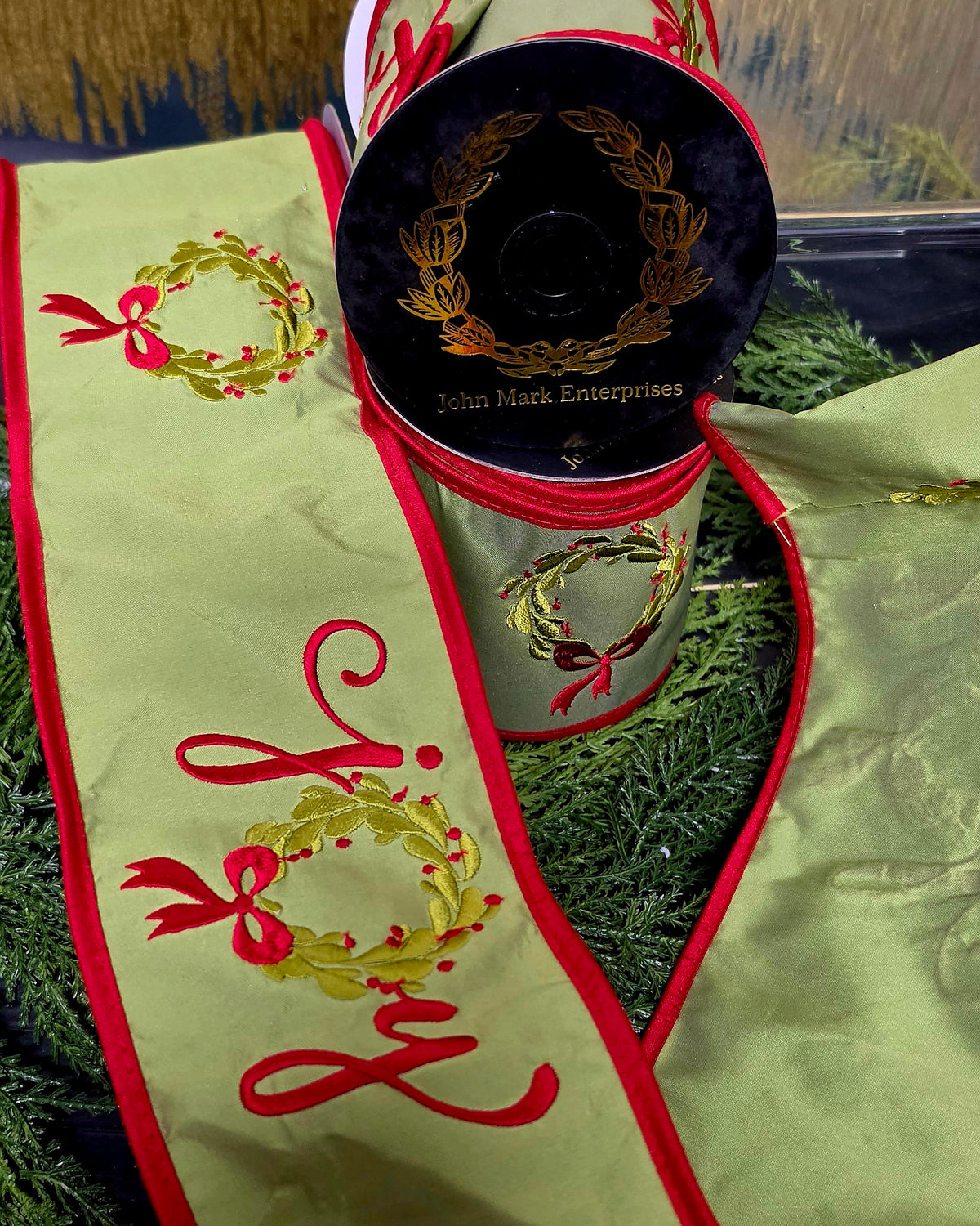 Ribbon - John Mark Enterprises - 4" Embroidered Joy Wreath