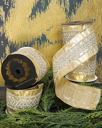 Ribbon - John Mark Enterprises - 4" Silver Lace on Gold Metallic
