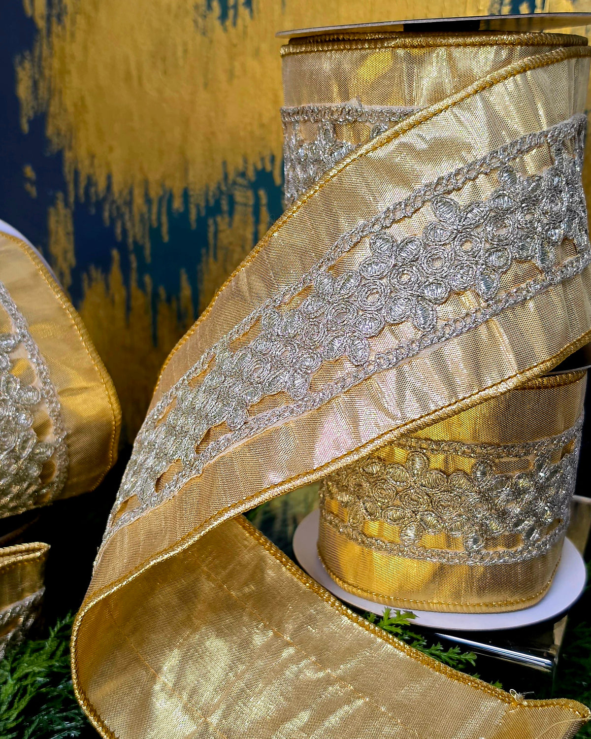 Ribbon - John Mark Enterprises - 4" Silver Lace on Gold Metallic