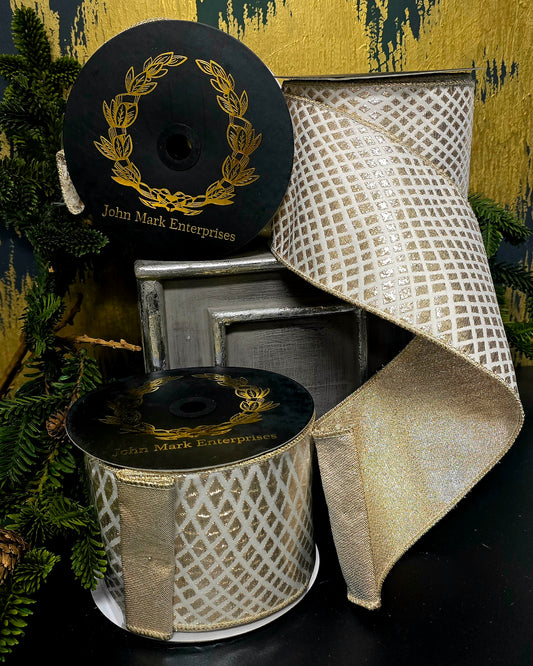 Ribbon - John Mark Enterprises - 4" Ivory Velvet with Champagne Jaquard Print