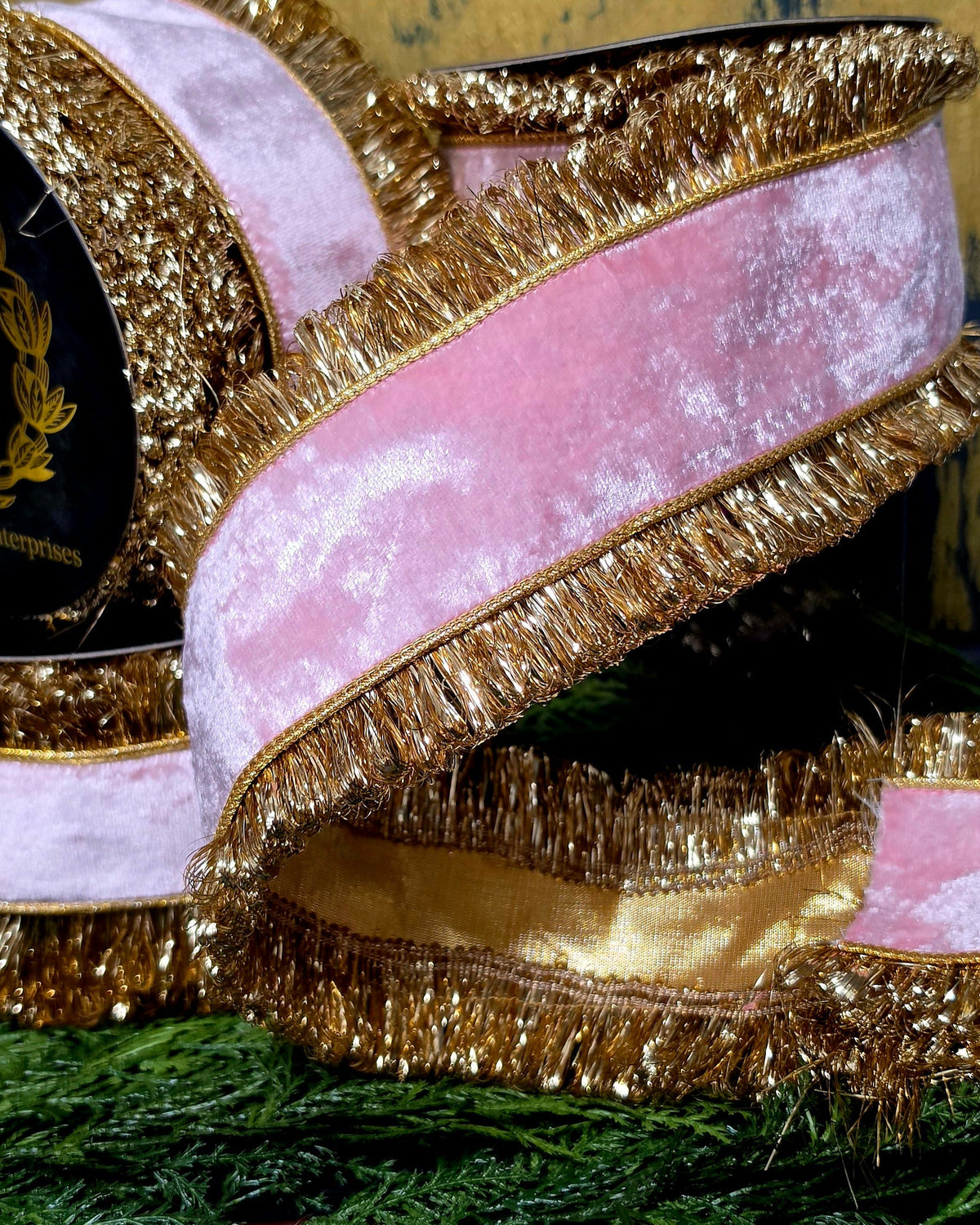 Ribbon - John Mark Enterprises - 4" Pink Velvet, Double Tinsel Edge