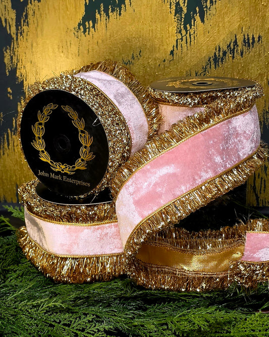 Ribbon - John Mark Enterprises - 4" Pink Velvet, Double Tinsel Edge