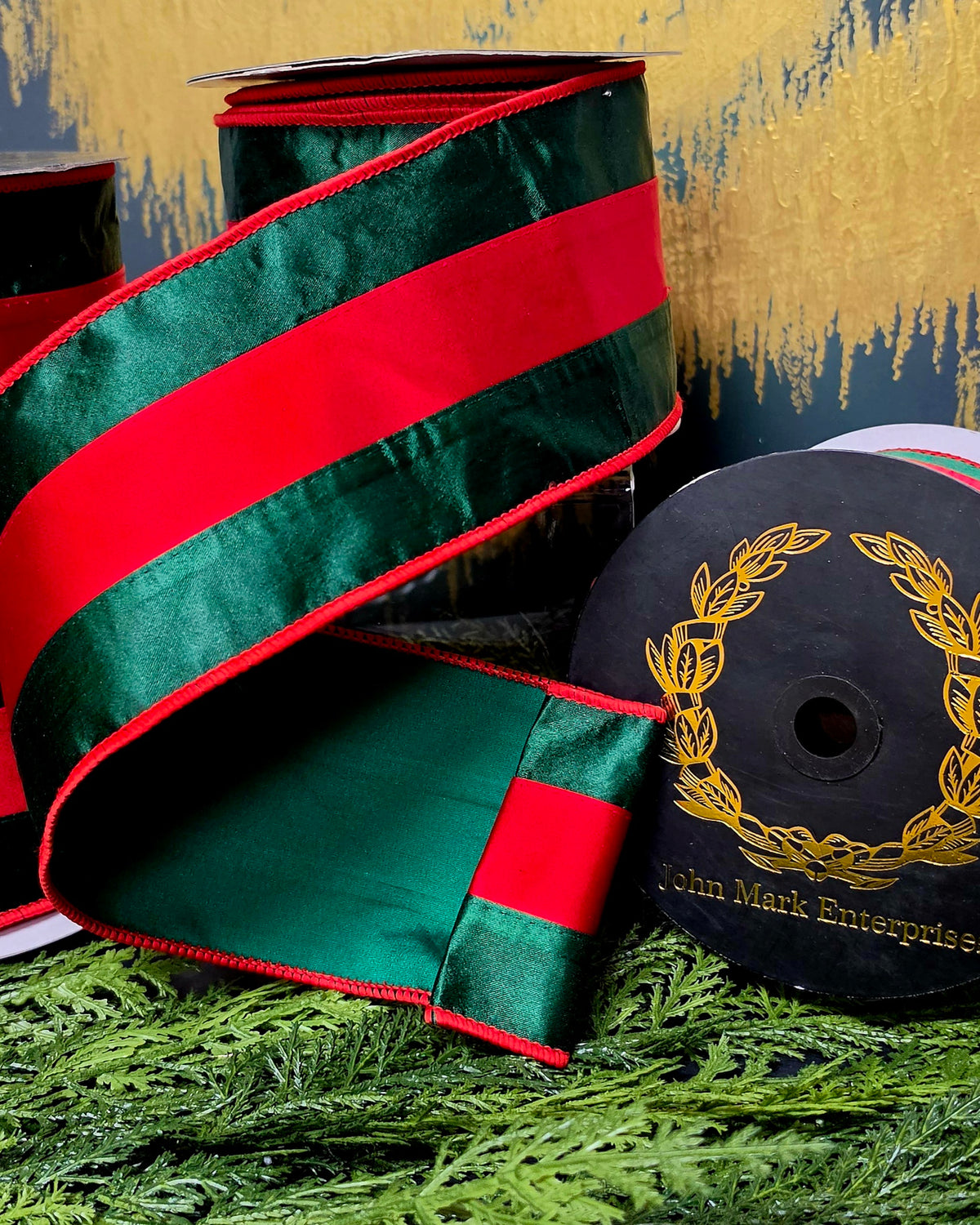 Ribbon - John Mark Enterprises - 4" Green Satin with Red Stripe