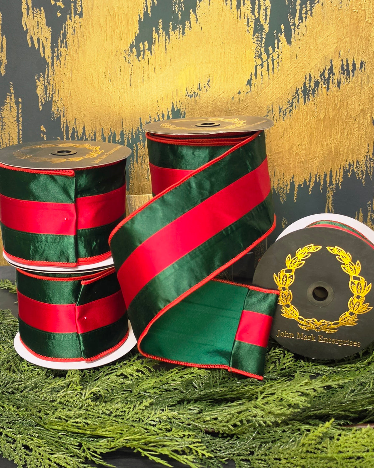 Ribbon - John Mark Enterprises - 4" Green Satin with Red Stripe