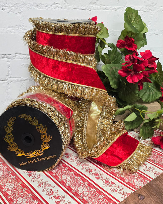 Ribbon - John Mark Enterprises - 4" Americana Red Velvet, Double Tinsel Edge