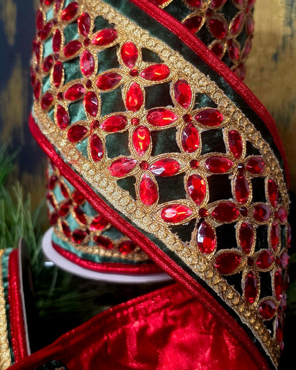 Ribbon - John Mark Enterprises - 4" Green Velvet with Red Jeweled Florets