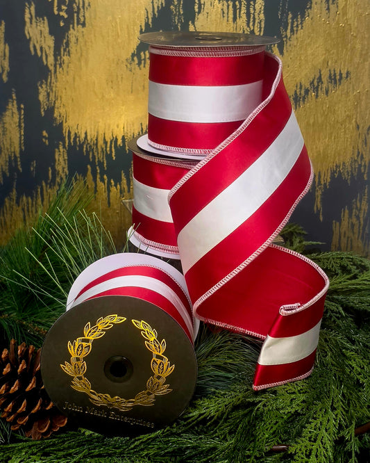 Ribbon - John Mark Enterprises - 4" Red Satin with White Stripe