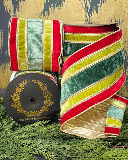 Ribbon - John Mark Enterprises - 6" Ultra Wide Velvet Stripe Red, Apple, & Emerald