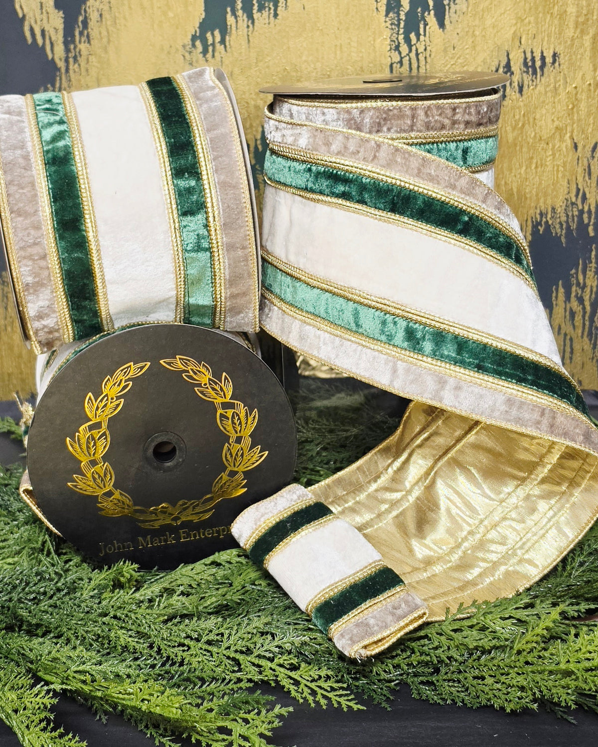 Ribbon - John Mark Enterprises - 6" Ultra Wide Velvet Stripe White, Taupe, & Emerald