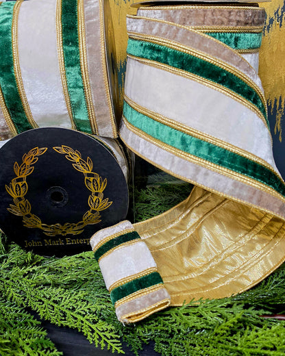 Ribbon - John Mark Enterprises - 6" Ultra Wide Velvet Stripe White, Taupe, & Emerald