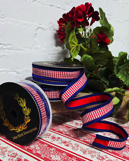 Ribbon - John Mark Enterprises - 1" Red Mini Check Taffeta with Blue Double Fused Edge