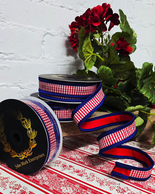 Ribbon - John Mark Enterprises - 1" Red Mini Check Taffeta with Blue Double Fused Edge