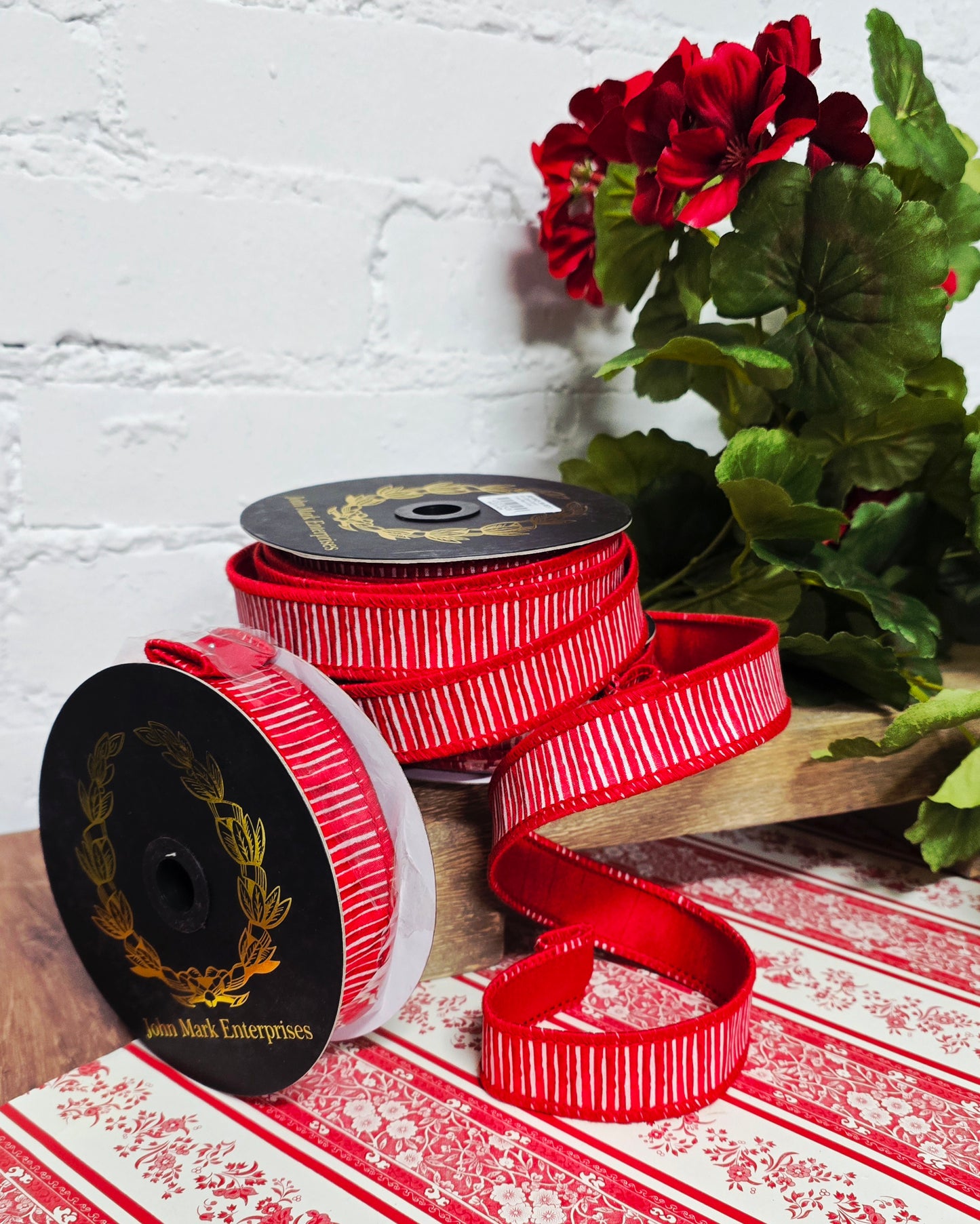 Ribbon - John Mark Enterprises - 1" Red Mini Stripe Dupioni