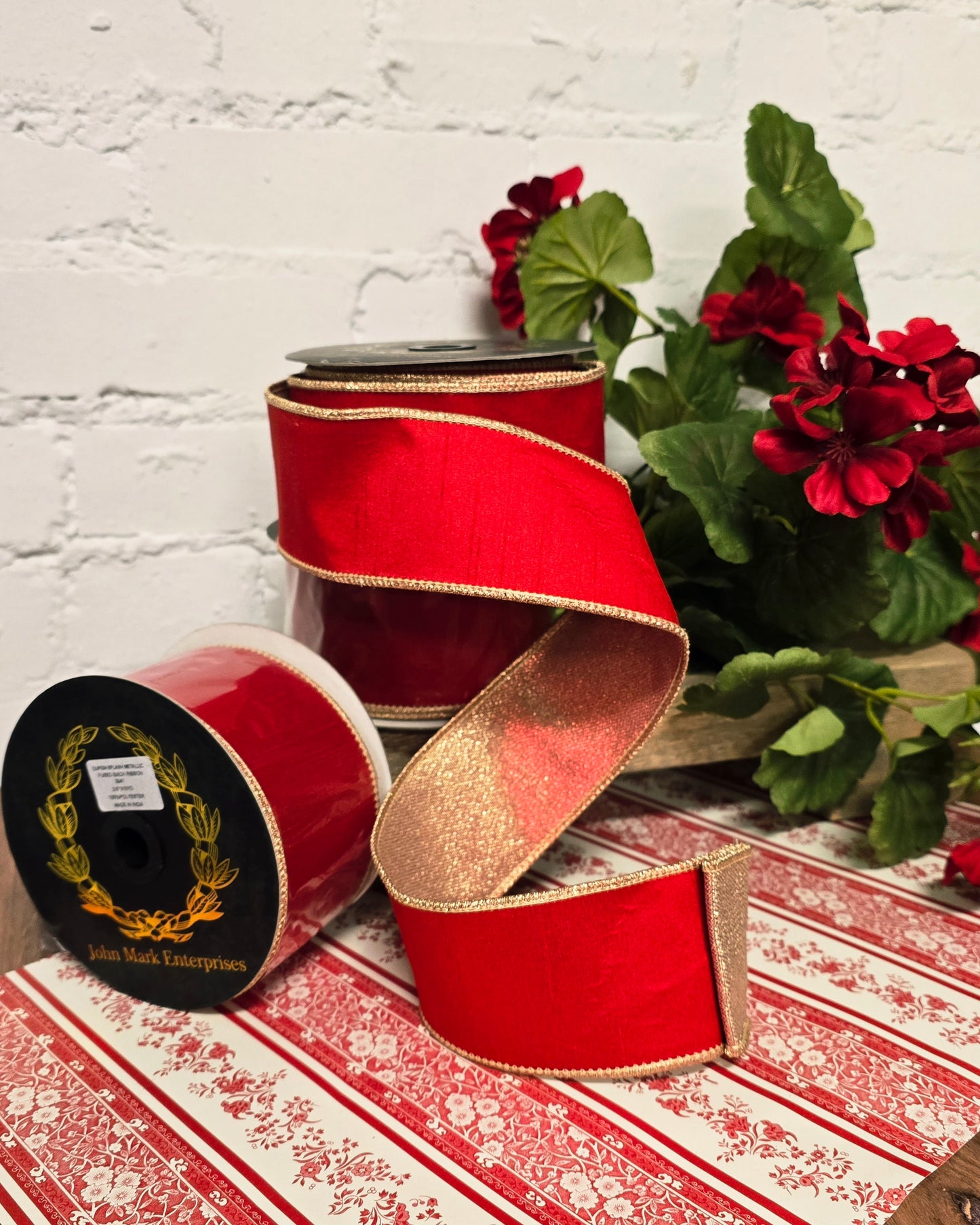 Ribbon - John Mark Enterprises - 2.5" Red Splash Dupioni