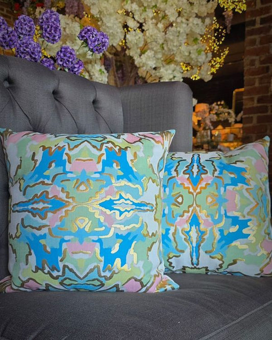 Blue, Mint & Light Pink Gold Foil Kaleidoscope Pillow