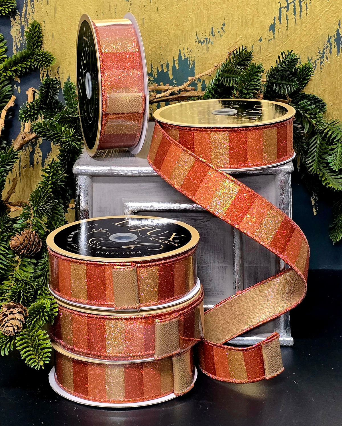 Ribbon - 1.5" Glitter Copper, Orange, & Gold Block Stripe