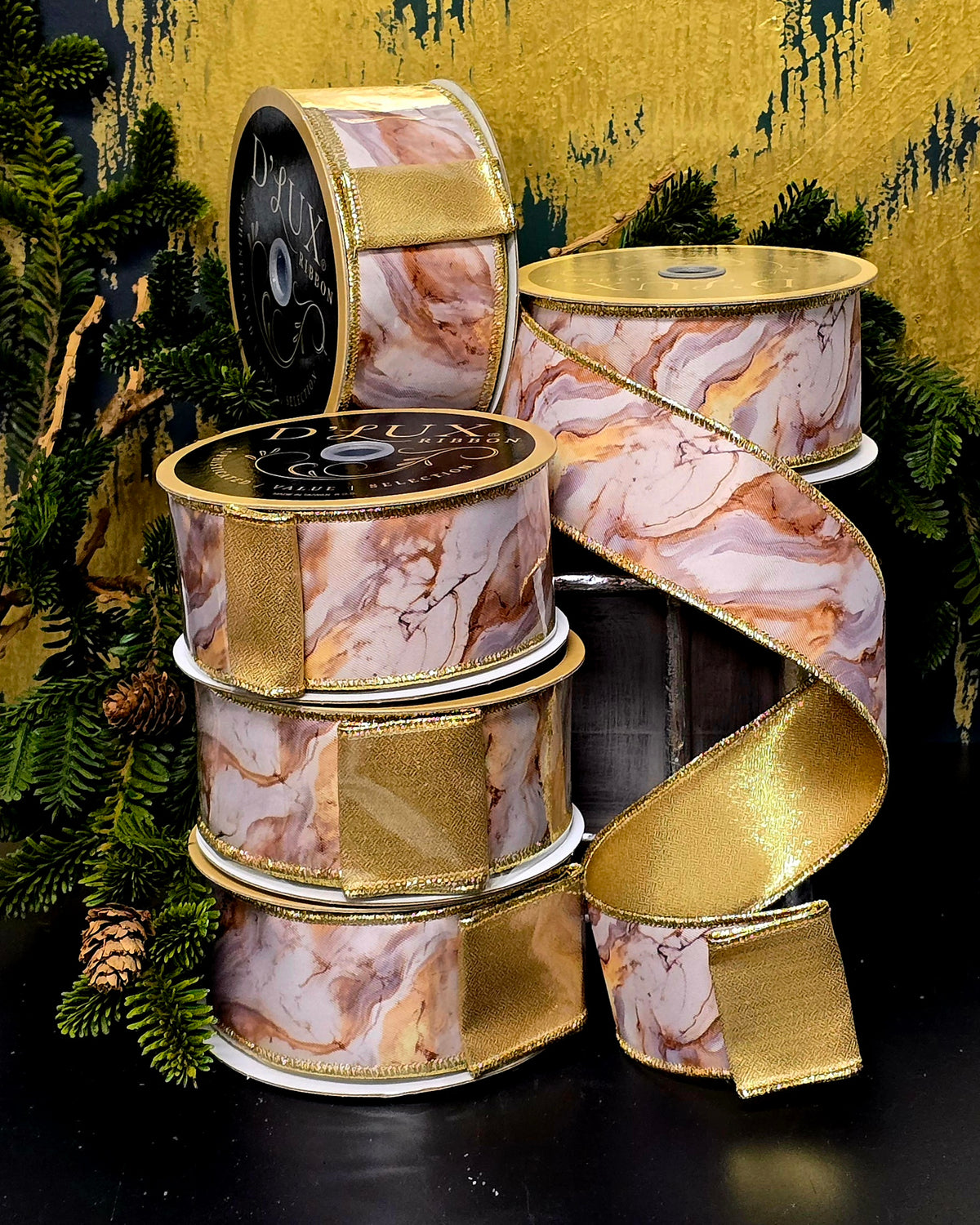 Ribbon - 2.5" Brown, Gold, White Marble with Gold Shimmer Back