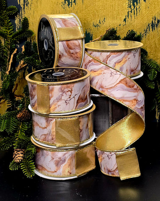 Ribbon - 2.5" Brown, Gold, White Marble with Gold Shimmer Back
