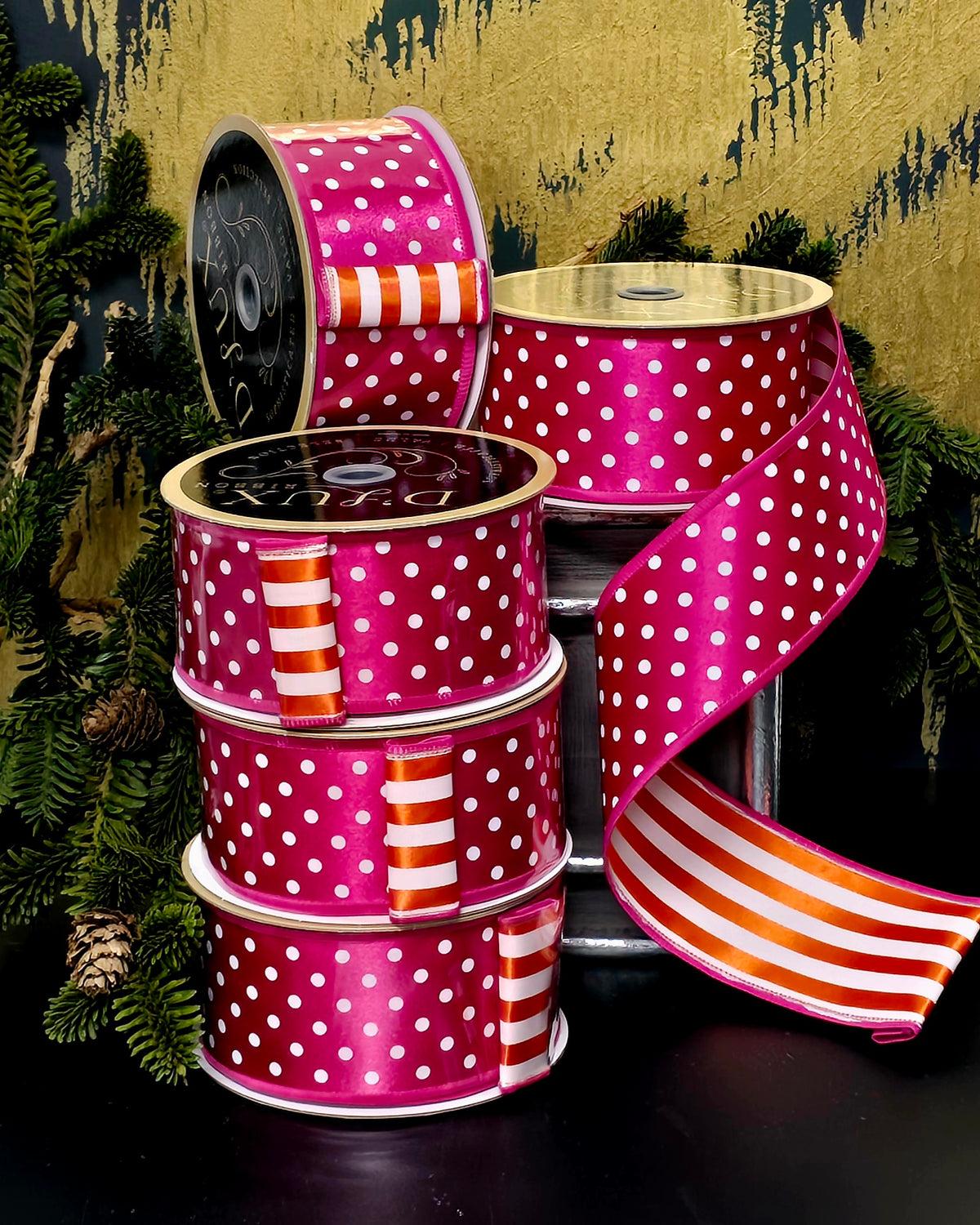 Ribbon - 2.5" Fushia,White Polka Dot Reversible with Orange Stripe