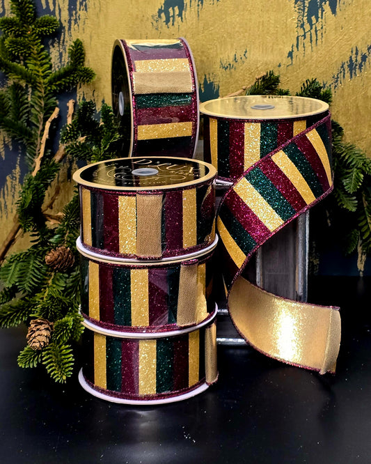 Ribbon - 2.5" Burgundy, Champagne, & Emerald Glitter Block Stripe
