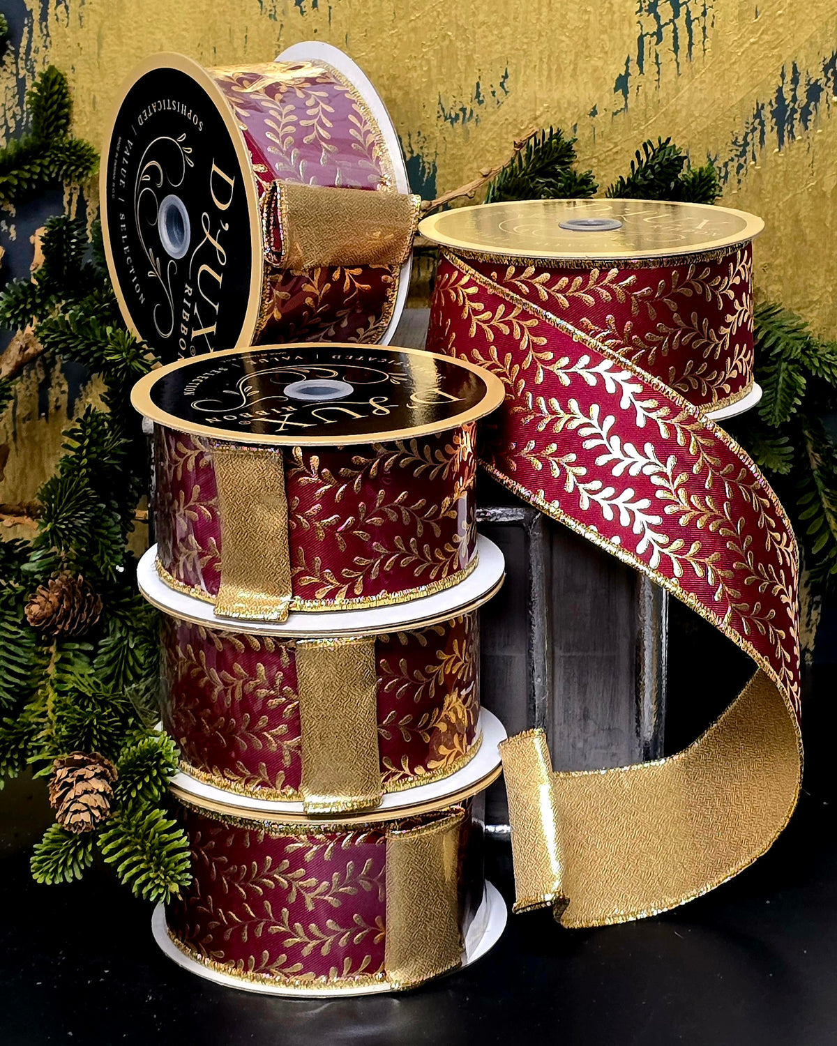 Ribbon - 2.5" Metallic Gold Filigree over Burgundy