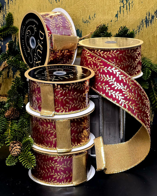 Ribbon - 2.5" Metallic Gold Filigree over Burgundy