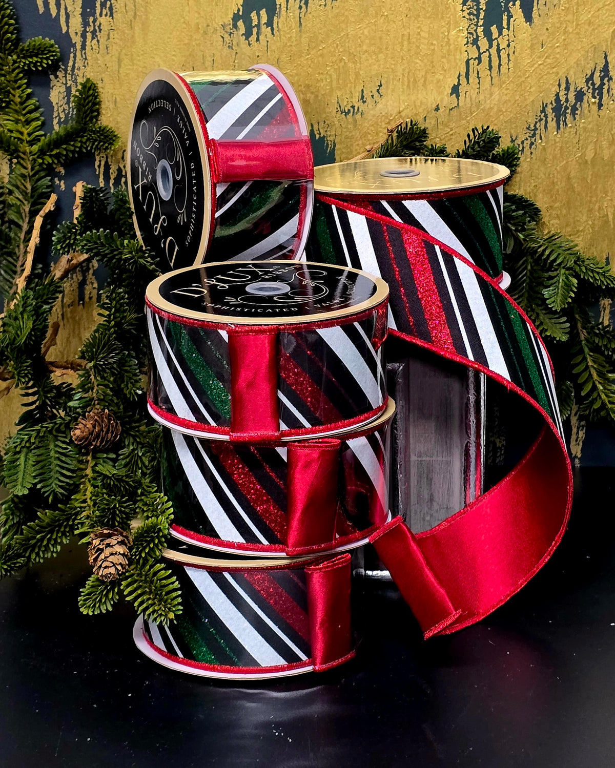 Ribbon - 2.5" Glitter Red, Green, Black, & White Candy Cane Stripe