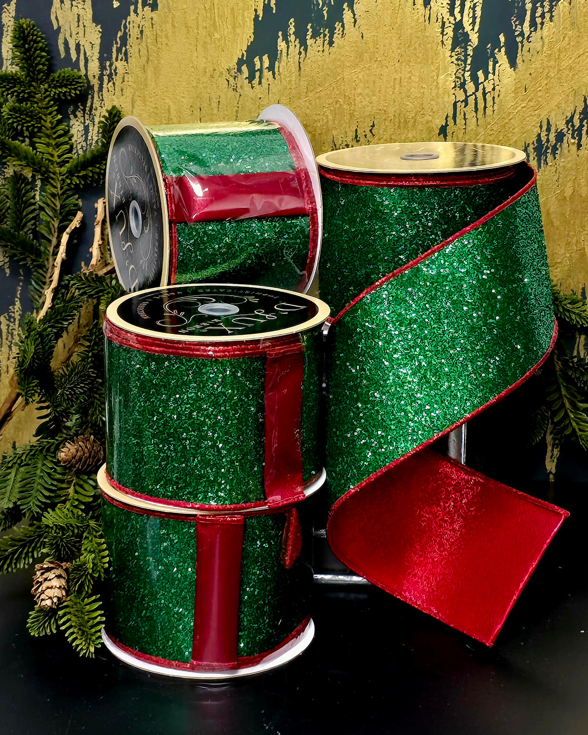 Ribbon - 4" Emerald Glitter with Reversible Red Shimmer