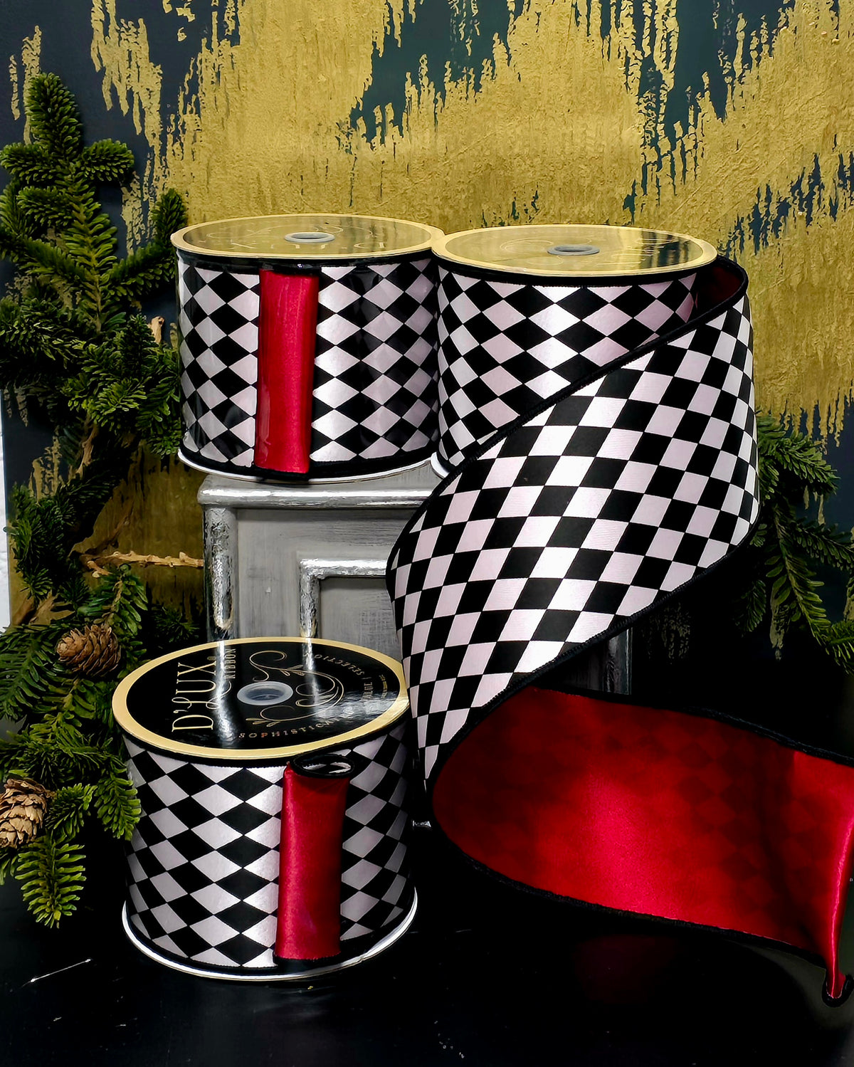 Ribbon - 4" Reversible Black & White Harlequin with Red Satin Finish