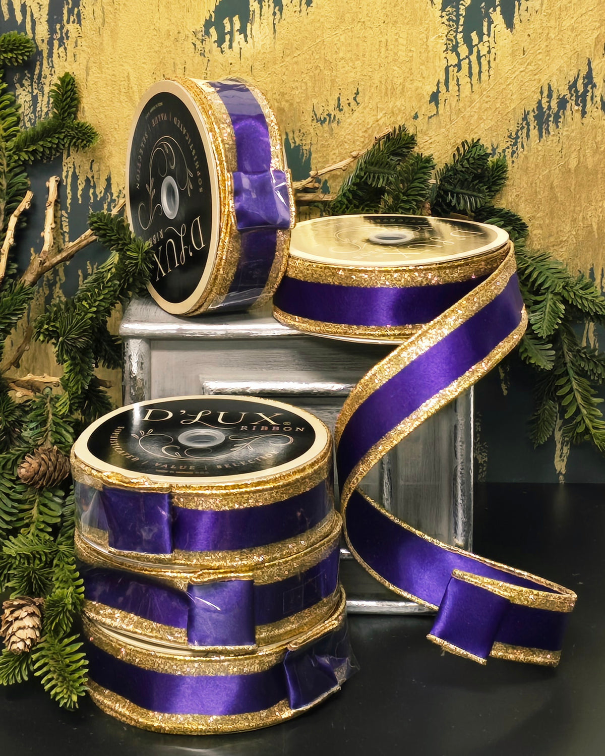 Ribbon - 1.5" Royal Purple Satin with Gold Glitter
